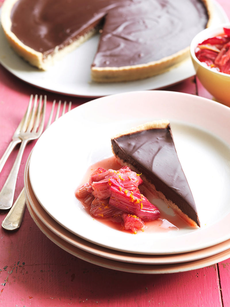Vegan chocolate tart with rhubarb